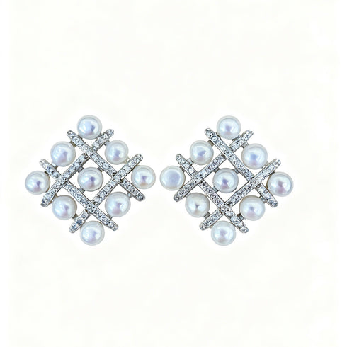 Radiant Grid Pearl Stud Earrings - Sterling Silver